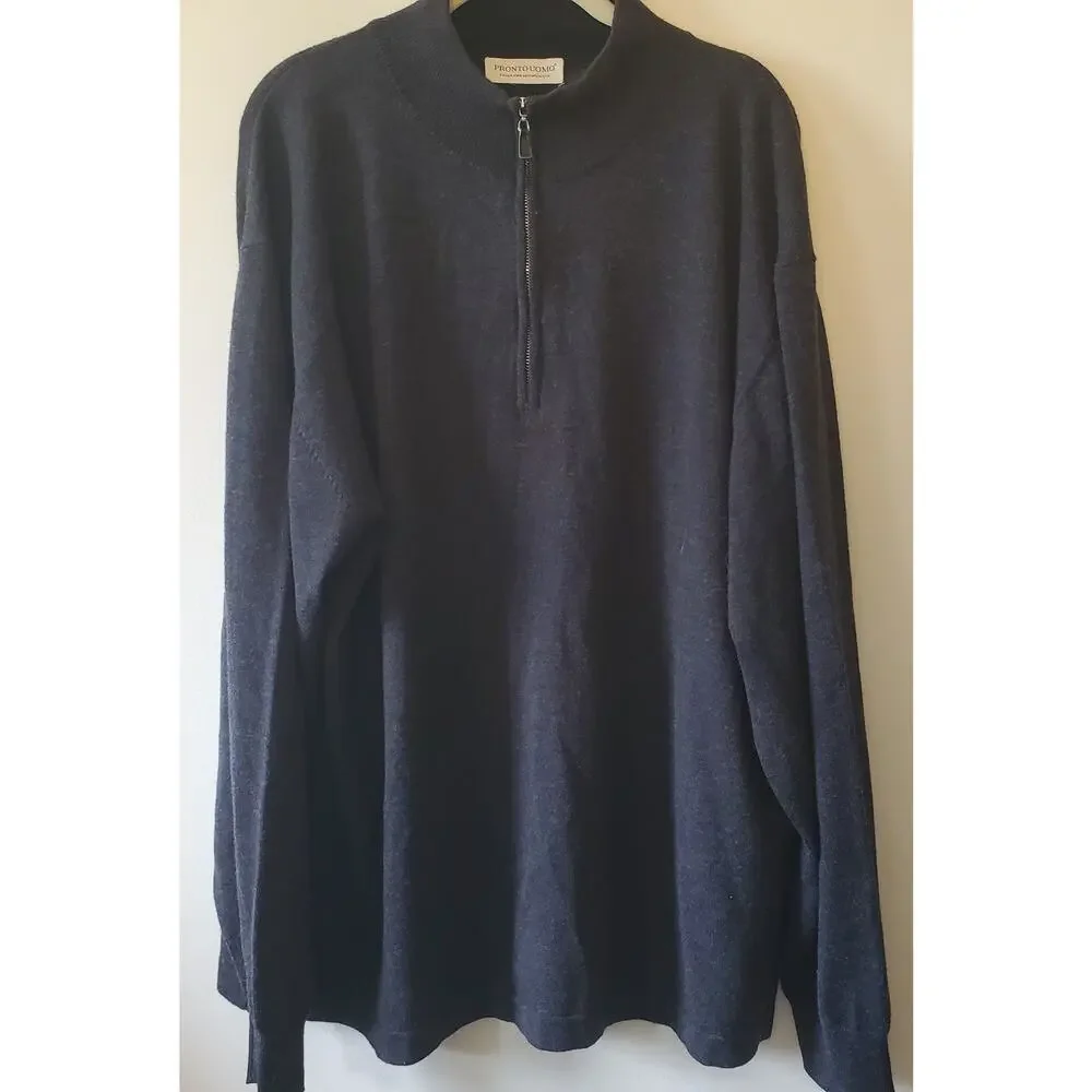 PRONTO UOMO Mens 100% Extra Fine Merino Wool Sweater Charcoal Gray Sz XL 1/4 Zip